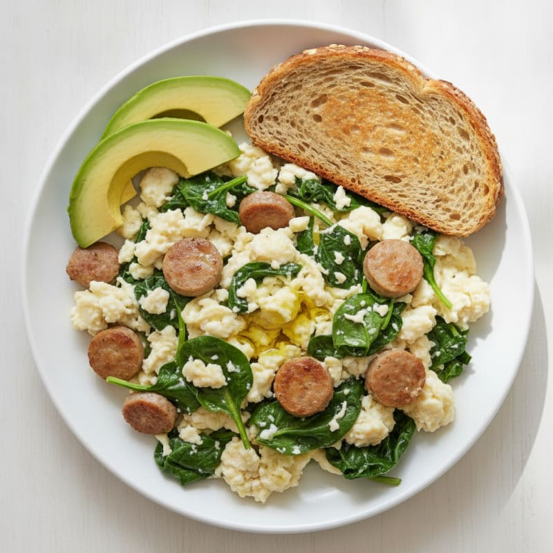 Egg White and Turkey Sausage Scramble with Sautéed Spinach