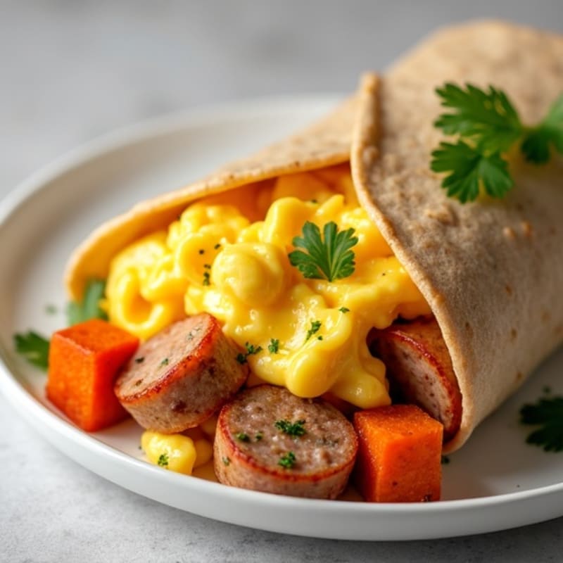Fluffy Scrambled Egg Burrito with Lean Turkey Sausage and Roasted Sweet Potatoes