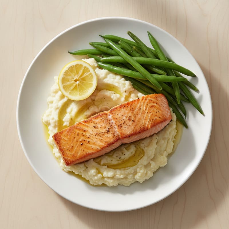 Seared Salmon with Steamed Green Beans and Garlic Mashed Cauliflower