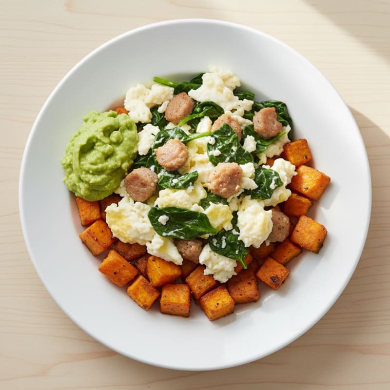 Egg White and Turkey Sausage Scramble with Roasted Sweet Potato