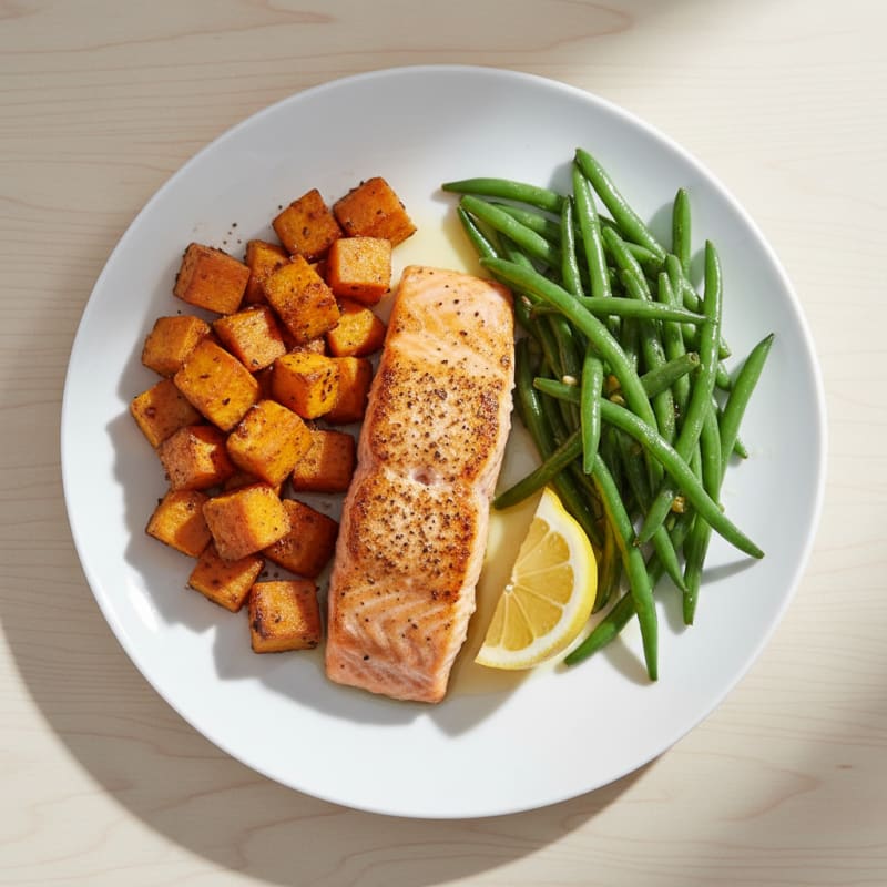 Seared Salmon with Roasted Sweet Potatoes and Green Beans