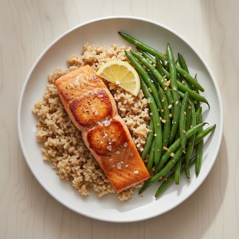Seared Salmon with Garlic Green Beans and Brown Rice