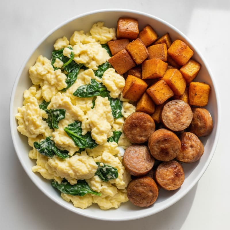 Creamy Scrambled Eggs with Chicken Sausage and Roasted Sweet Potatoes