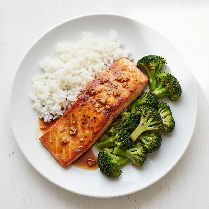 Soy-Ginger Seared Salmon with Steamed Broccoli and Rice