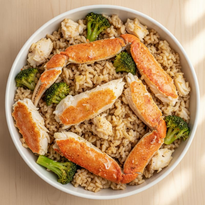 Crab Meat and Brown Rice Bowl with Steamed Broccoli