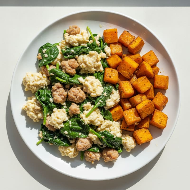 Egg White and Turkey Sausage Scramble with Spinach and Roasted Sweet Potato