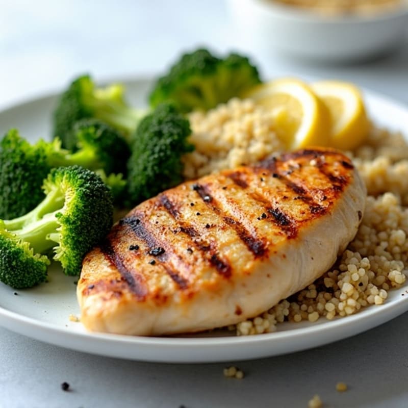 Grilled Chicken Breast with Roasted Broccoli and Quinoa Salad