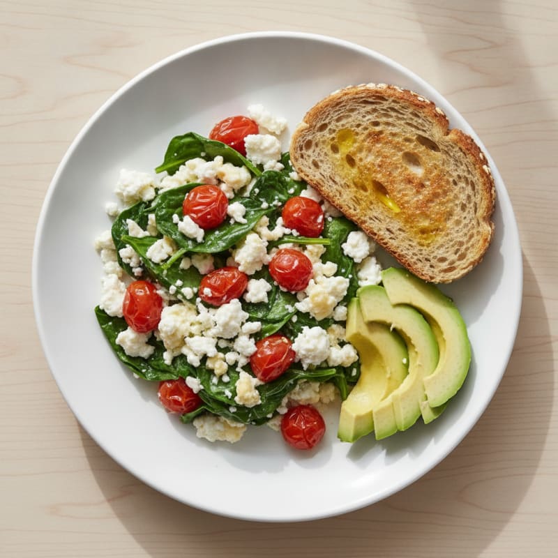 Egg White and Spinach Scramble with Cottage Cheese and Cherry Tomatoes