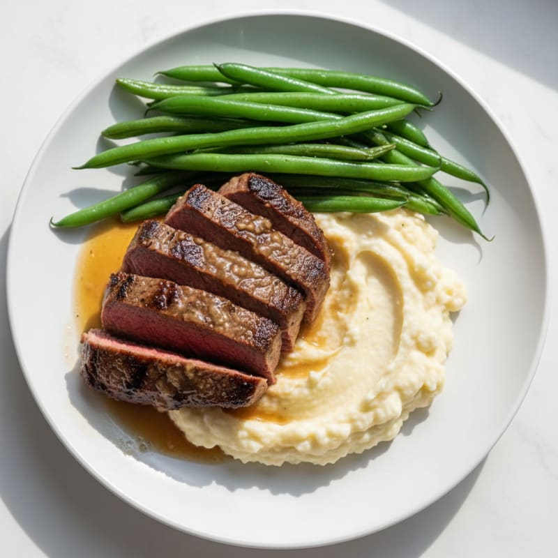 Seared Lean Beef with Steamed Green Beans and Cauliflower Mash