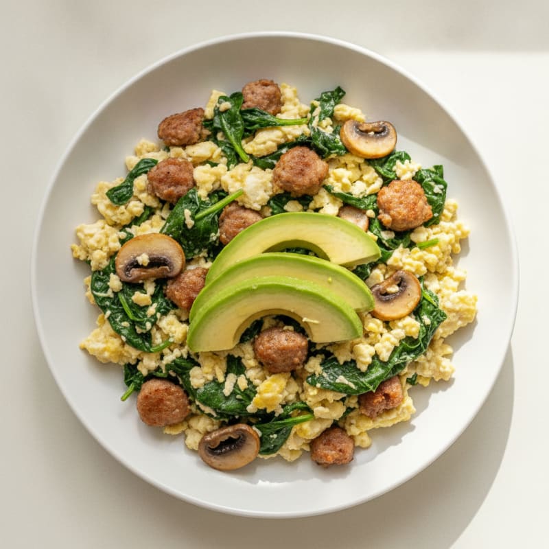 Egg White Spinach Scramble with Turkey Sausage and Sautéed Mushrooms