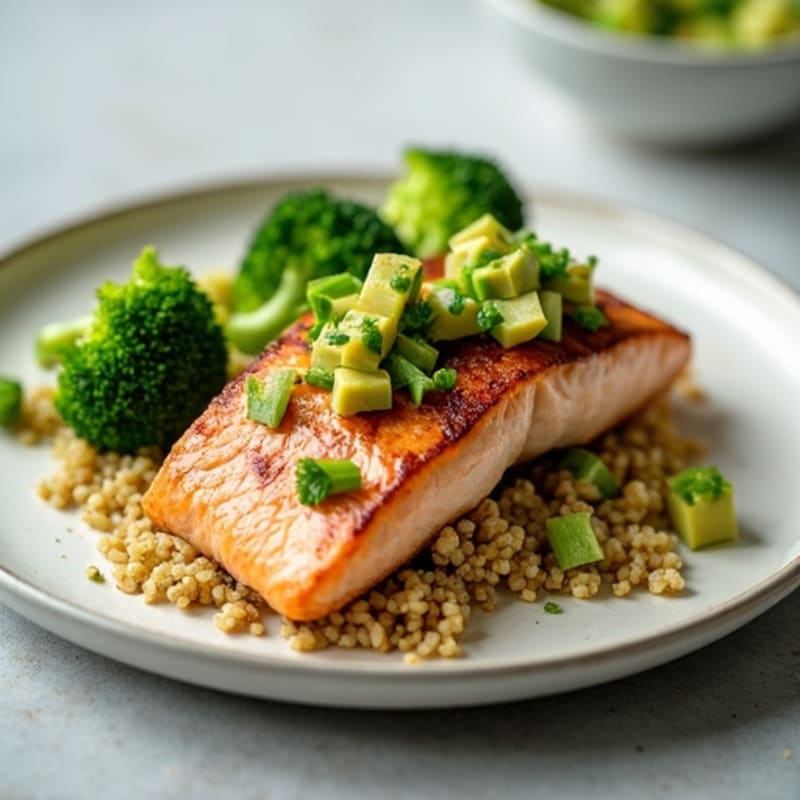 Seared Salmon with Steamed Broccoli, Quinoa & Avocado Salsa