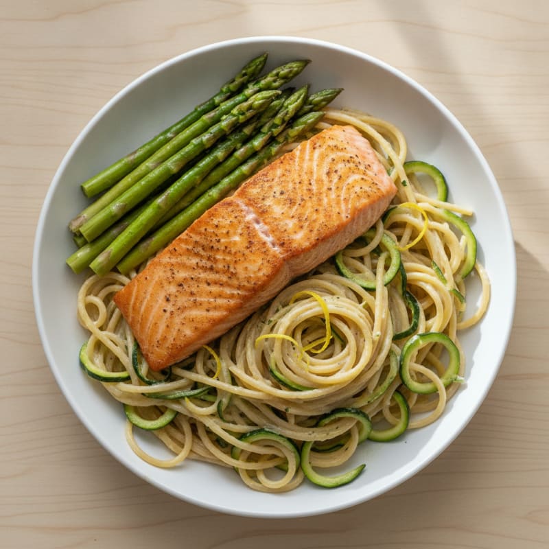 Seared Salmon with Creamy Lemon Zucchini Pasta and Steamed Asparagus