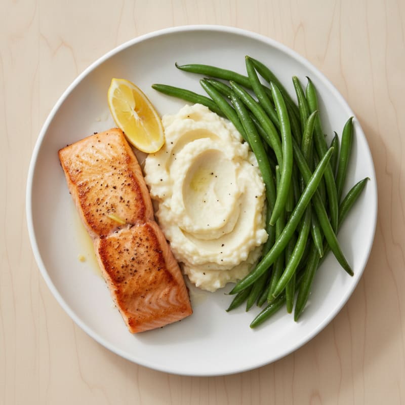 Seared Salmon with Steamed Green Beans and Garlic Mashed Cauliflower