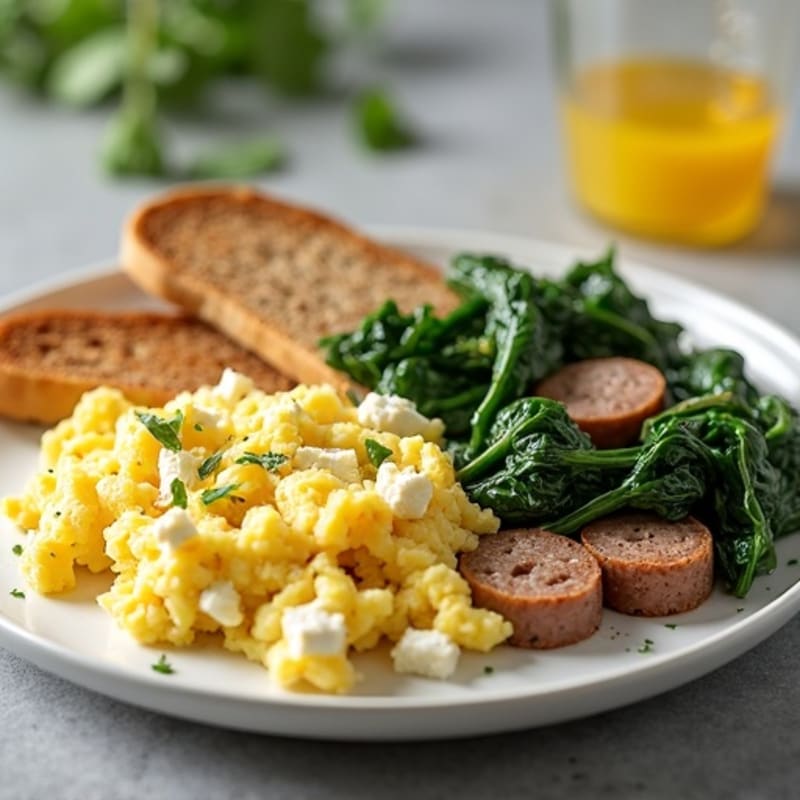 Egg White Scramble with Turkey Sausage and Sautéed Spinach