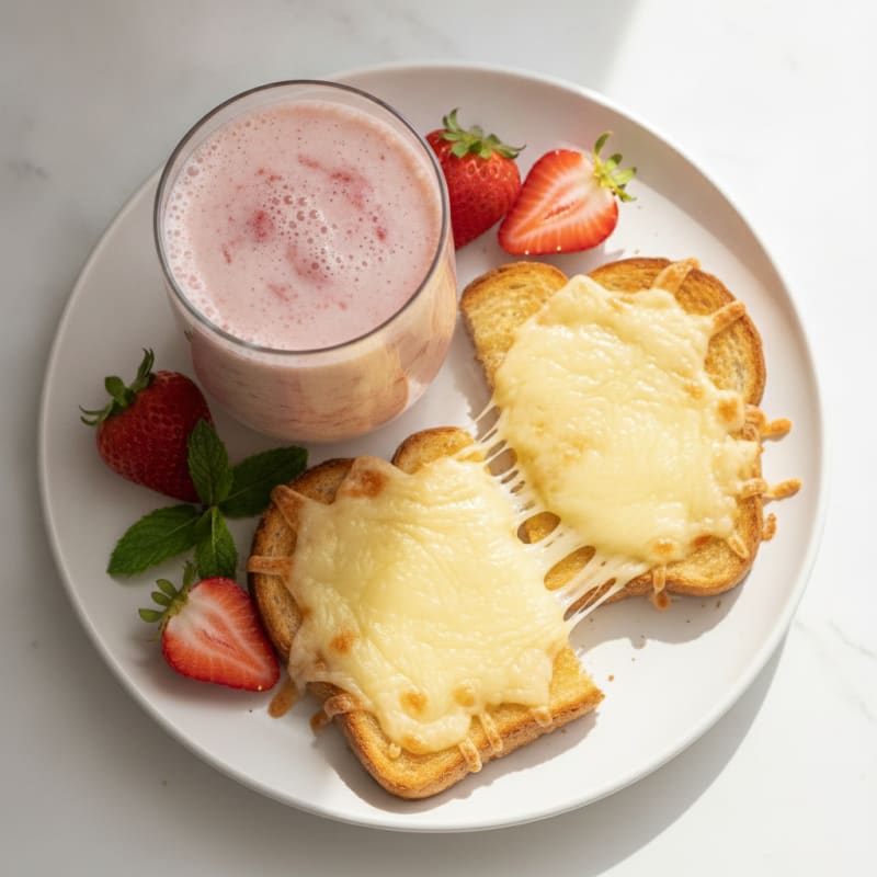 Strawberry Protein Shake with Almond Milk and Swiss Cheese Toast