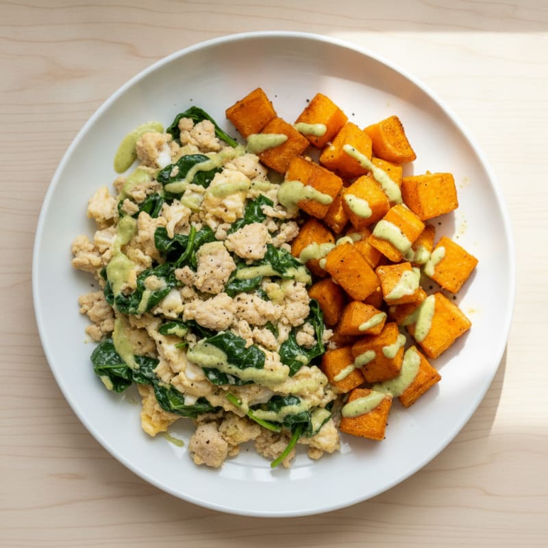 Turkey Spinach Egg White Scramble with Roasted Sweet Potato