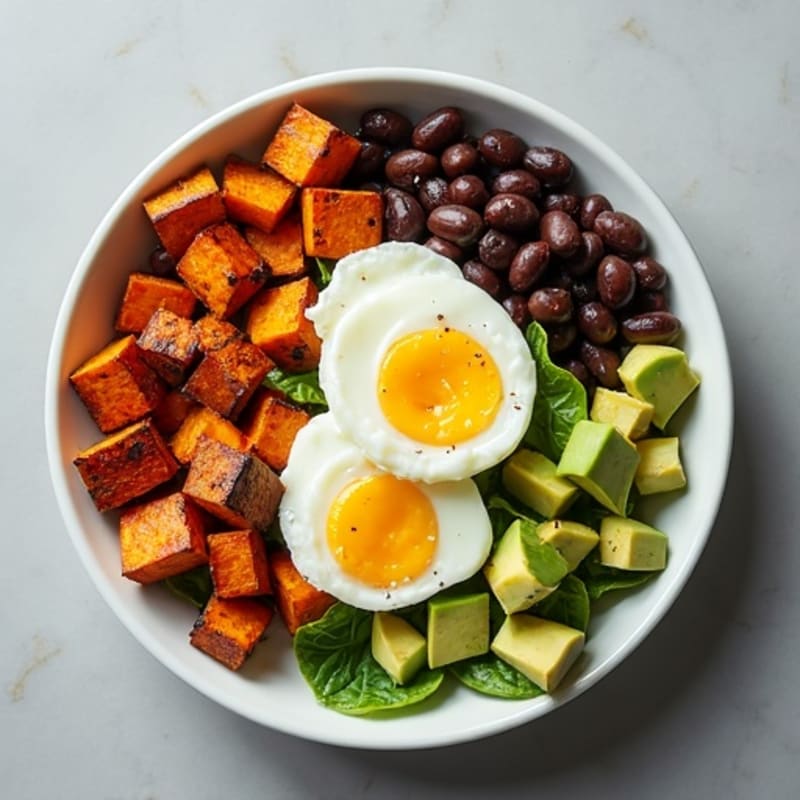 Roasted Sweet Potato and Black Bean Bowl with Creamy Avocado Dressing