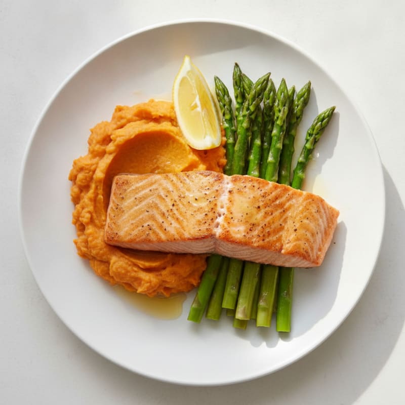 Seared Salmon with Steamed Asparagus and Sweet Potato Mash