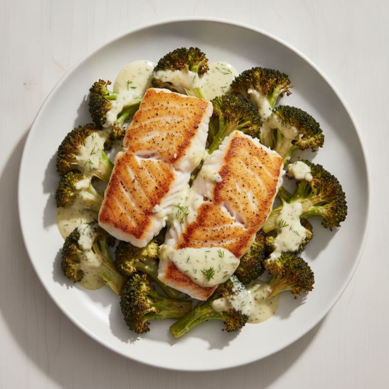 Seared Cod with Roasted Broccoli and Lemon Herb Yogurt Sauce