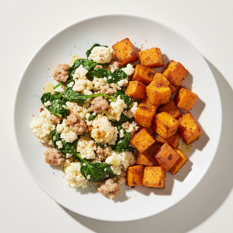 Egg White and Turkey Sausage Scramble with Spinach and Roasted Sweet Potato