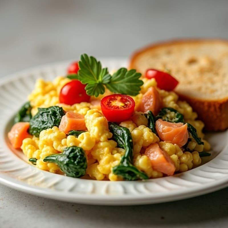 Smoked Salmon Scramble with Spinach and Cherry Tomatoes