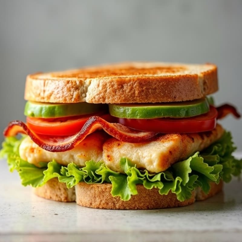 Grilled Chicken, Crispy Bacon, Creamy Avocado, Fresh Lettuce, and Tomato Whole Grain Sandwich