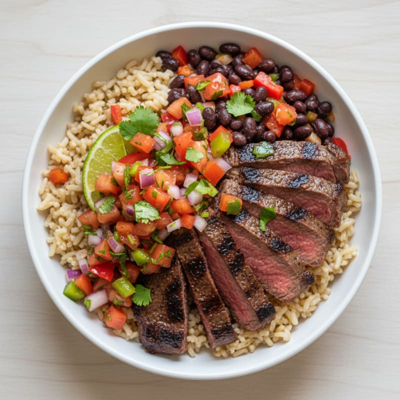 Grilled Steak and Rice Bowl with Black Beans and Fresh Salsa