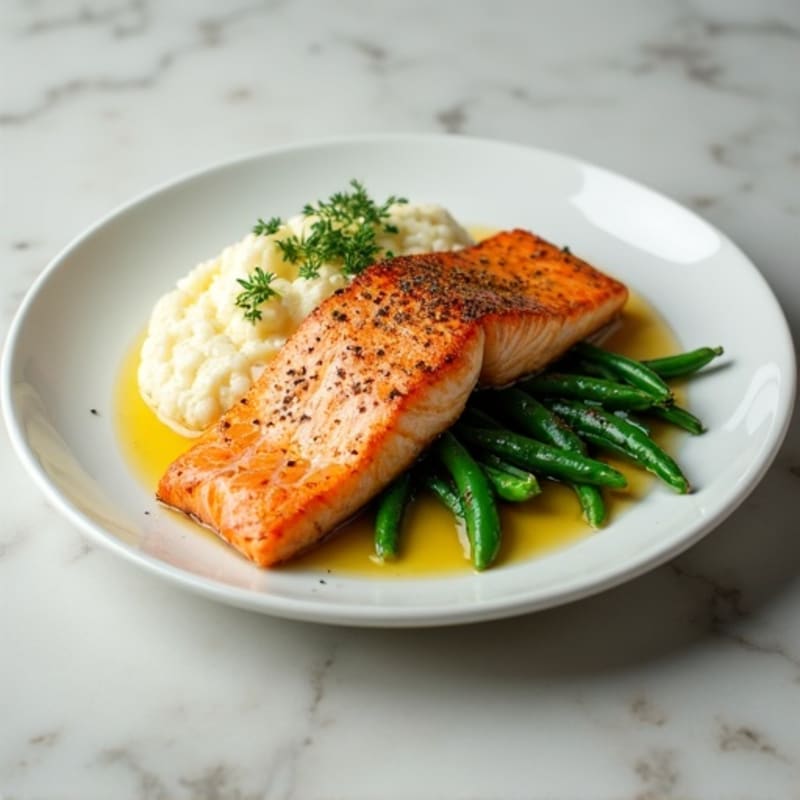 Seared Salmon Fillet with Garlic Green Beans and Cauliflower Mash