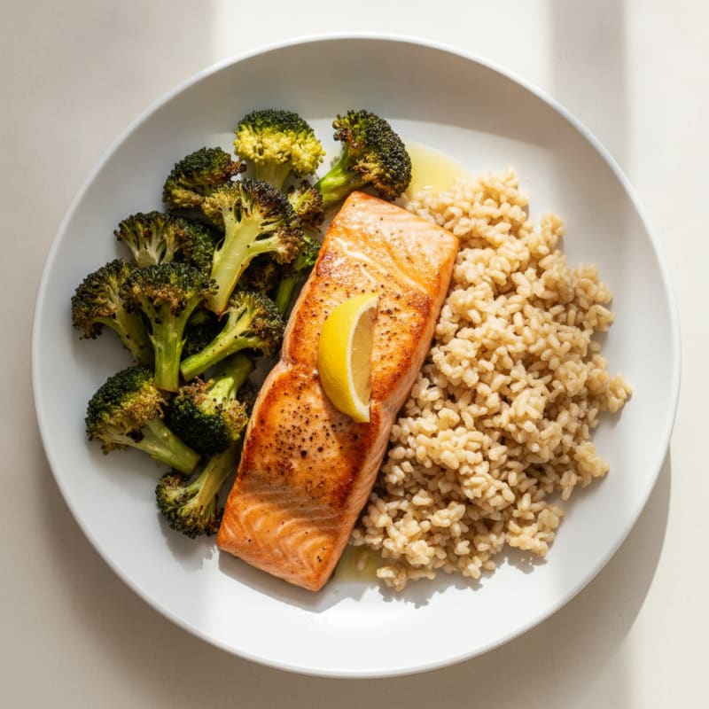 Seared Salmon with Roasted Broccoli and Rice