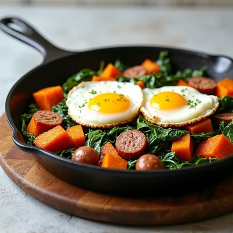 Crispy Sweet Potato and Lean Turkey Sausage Skillet with Fresh Spinach and Eggs