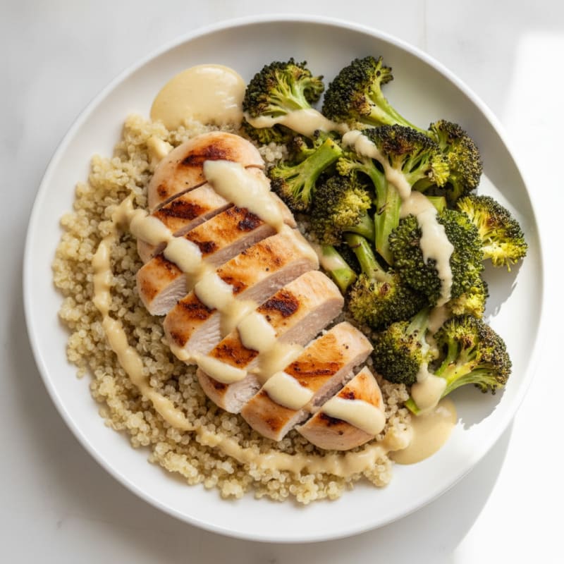Grilled Chicken and Quinoa Bowl with Roasted Broccoli and Lemon Tahini Drizzle
