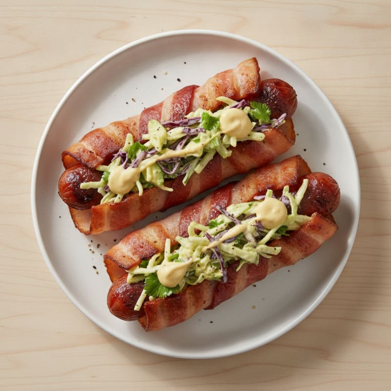Bacon-Wrapped Hot Dogs with Tangy Mustard Slaw