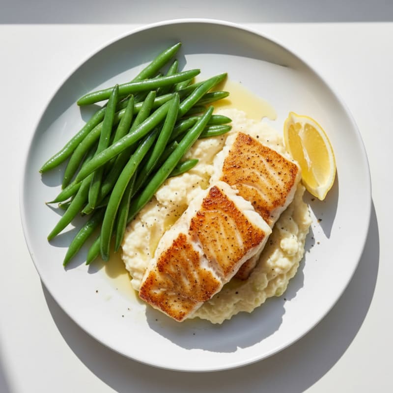 Seared Cod with Steamed Green Beans and Cauliflower Mash