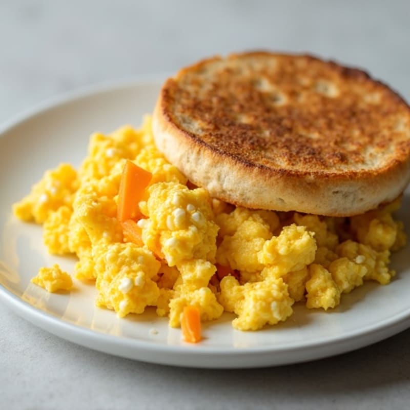 High-Protein Feta and Cheddar Scrambled Eggs with Crispy English Muffin