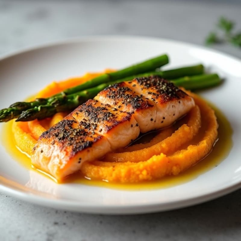 Seared Salmon Fillet with Roasted Asparagus and Sweet Potato Mash
