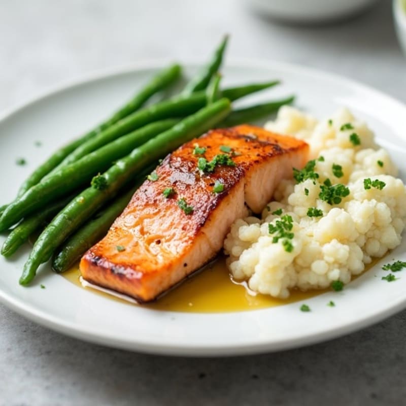 Seared Salmon with Steamed Green Beans and Garlic Mashed Cauliflower