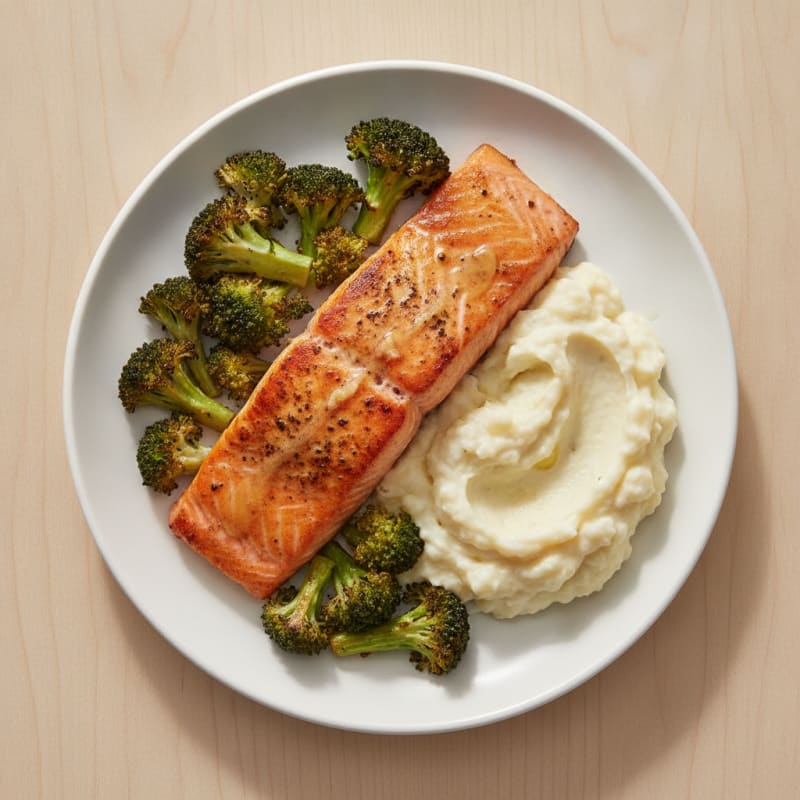 Seared Salmon Fillet with Roasted Broccoli and Garlic Mashed Cauliflower