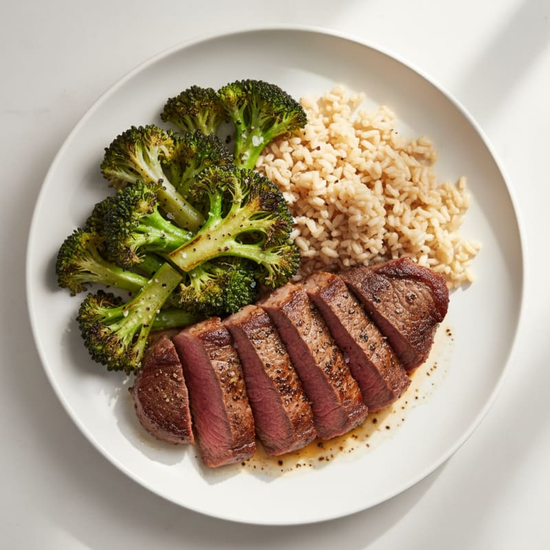 Seared Steak with Roasted Broccoli and Rice
