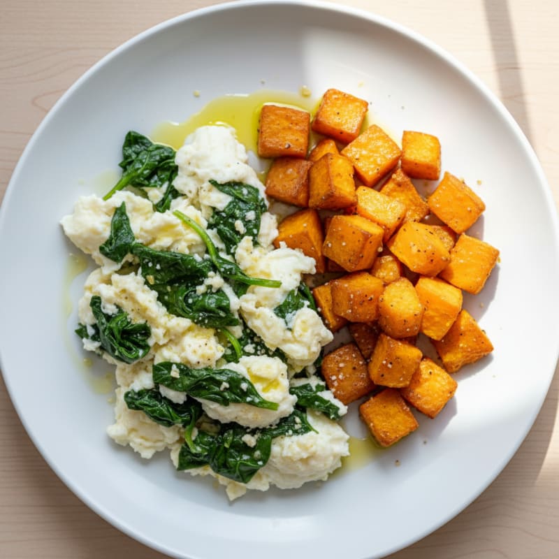 Egg White Spinach Scramble with Roasted Sweet Potato