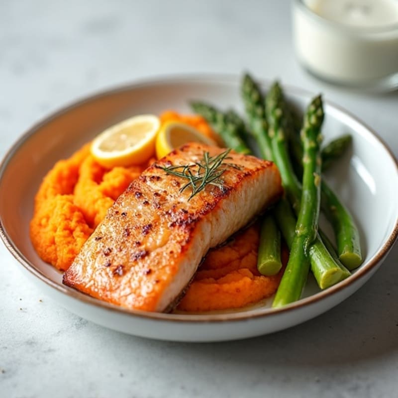 Seared Salmon Fillet with Roasted Asparagus and Sweet Potato Mash