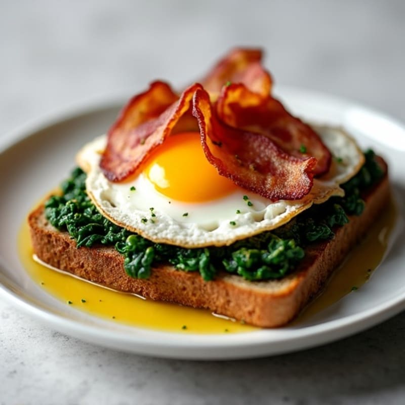 Egg and Turkey Bacon Toast with Sautéed Spinach and Tomatoes