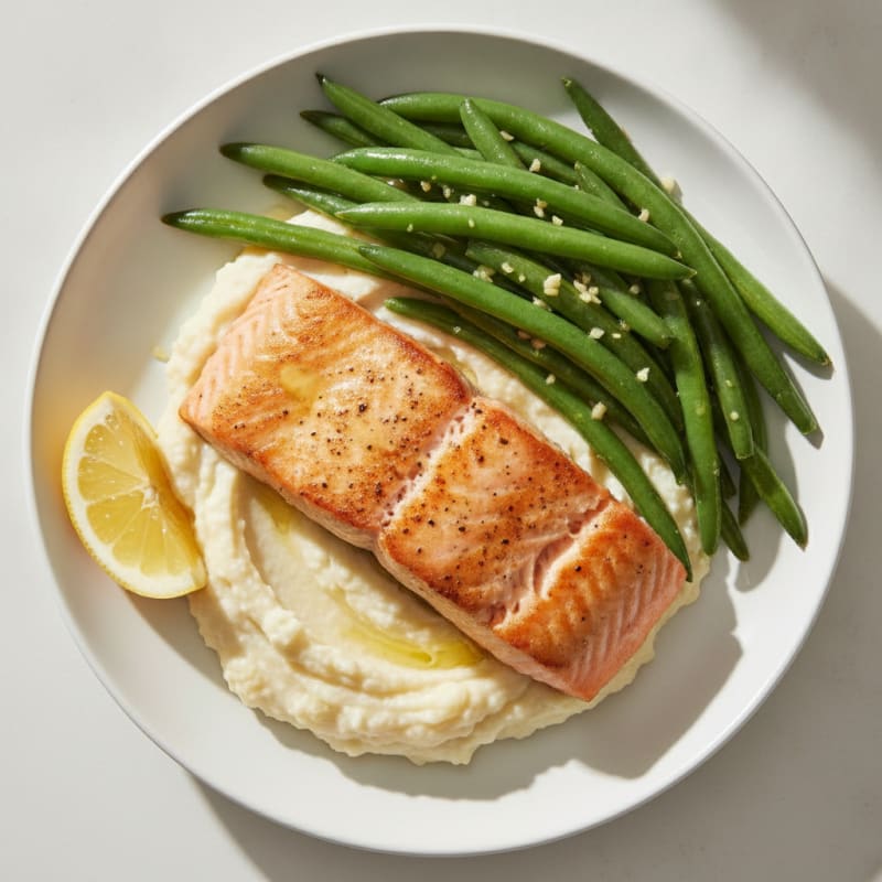 Seared Salmon with Garlic Green Beans and Cauliflower Mash