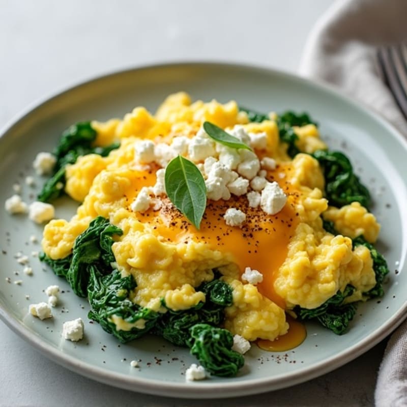Fluffy Scrambled Eggs with Sautéed Spinach and Crumbled Feta