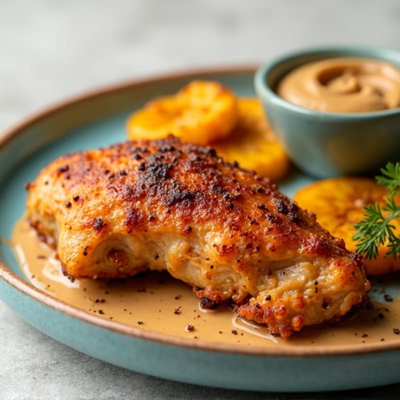 Crispy Roasted Chicken with Savory Peanut Sauce and Sweet Plantains