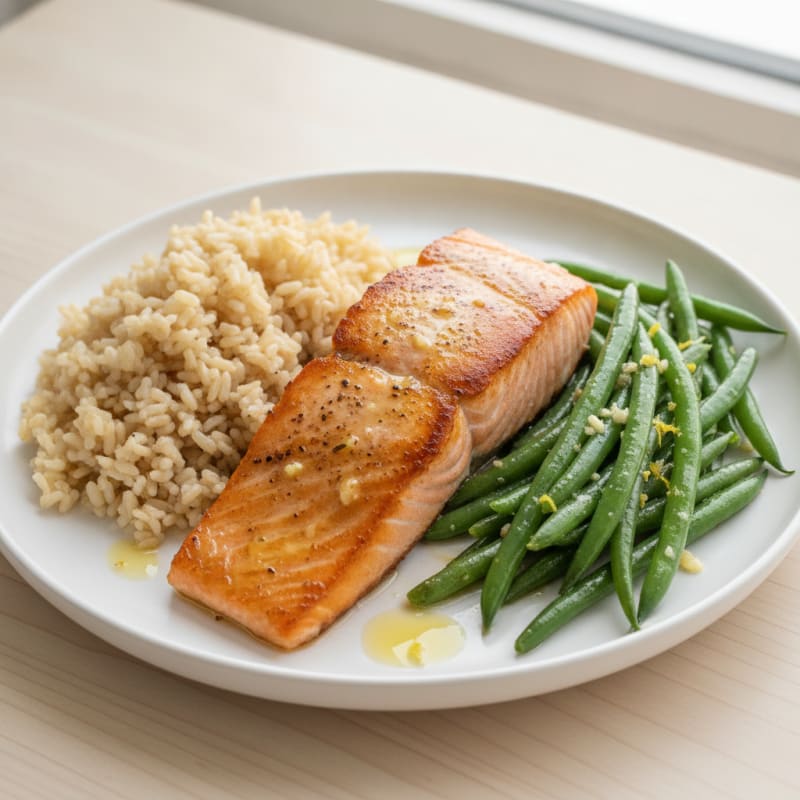 Seared Salmon with Garlic Green Beans and Brown Rice