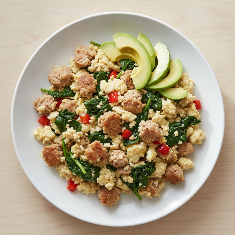 Egg White Scramble with Turkey Sausage and Sautéed Spinach
