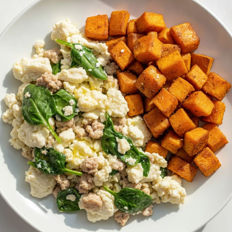 Egg White and Turkey Spinach Scramble with Roasted Sweet Potatoes