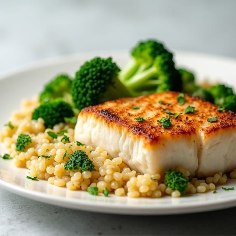 Seared Cod with Steamed Broccoli and Lemon Herb Quinoa