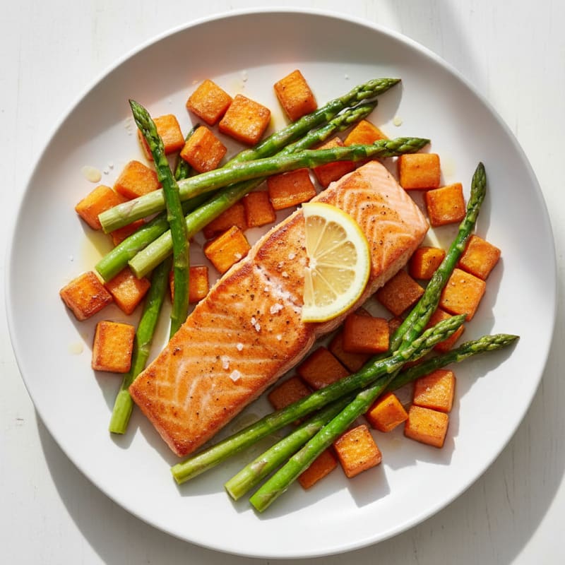 Seared Salmon Fillet with Roasted Sweet Potatoes and Asparagus