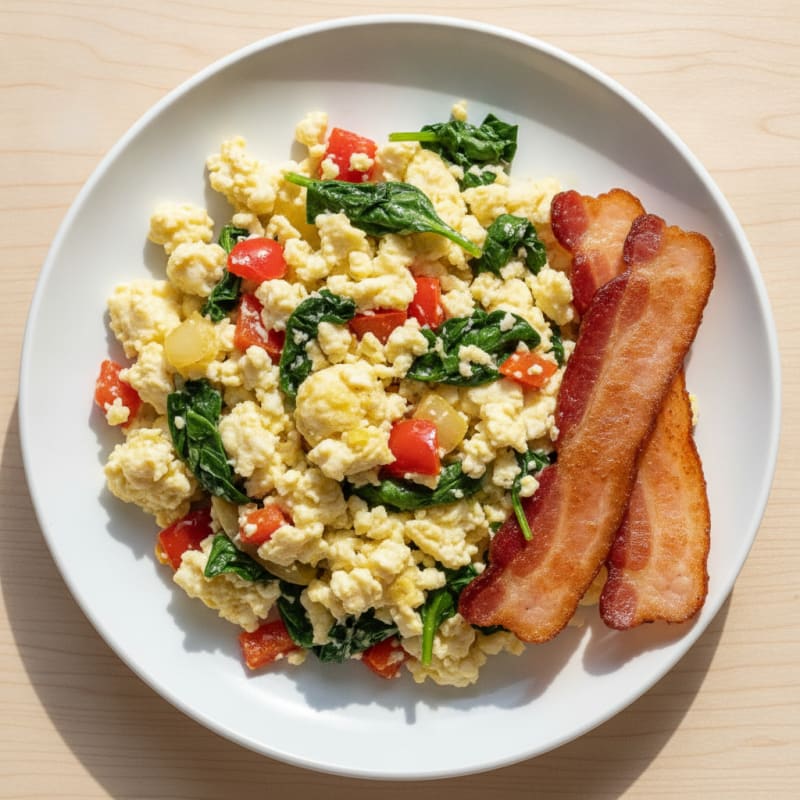 Egg White Veggie Scramble with Low-Fat Turkey Bacon